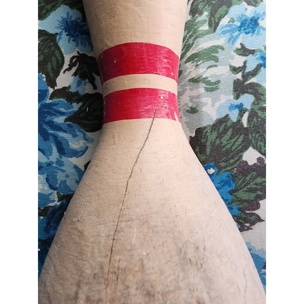 Vintage Wooden Full Size Bowling Pin Red With UnPainted Wood  Shabby Chic - Picture 5 of 7